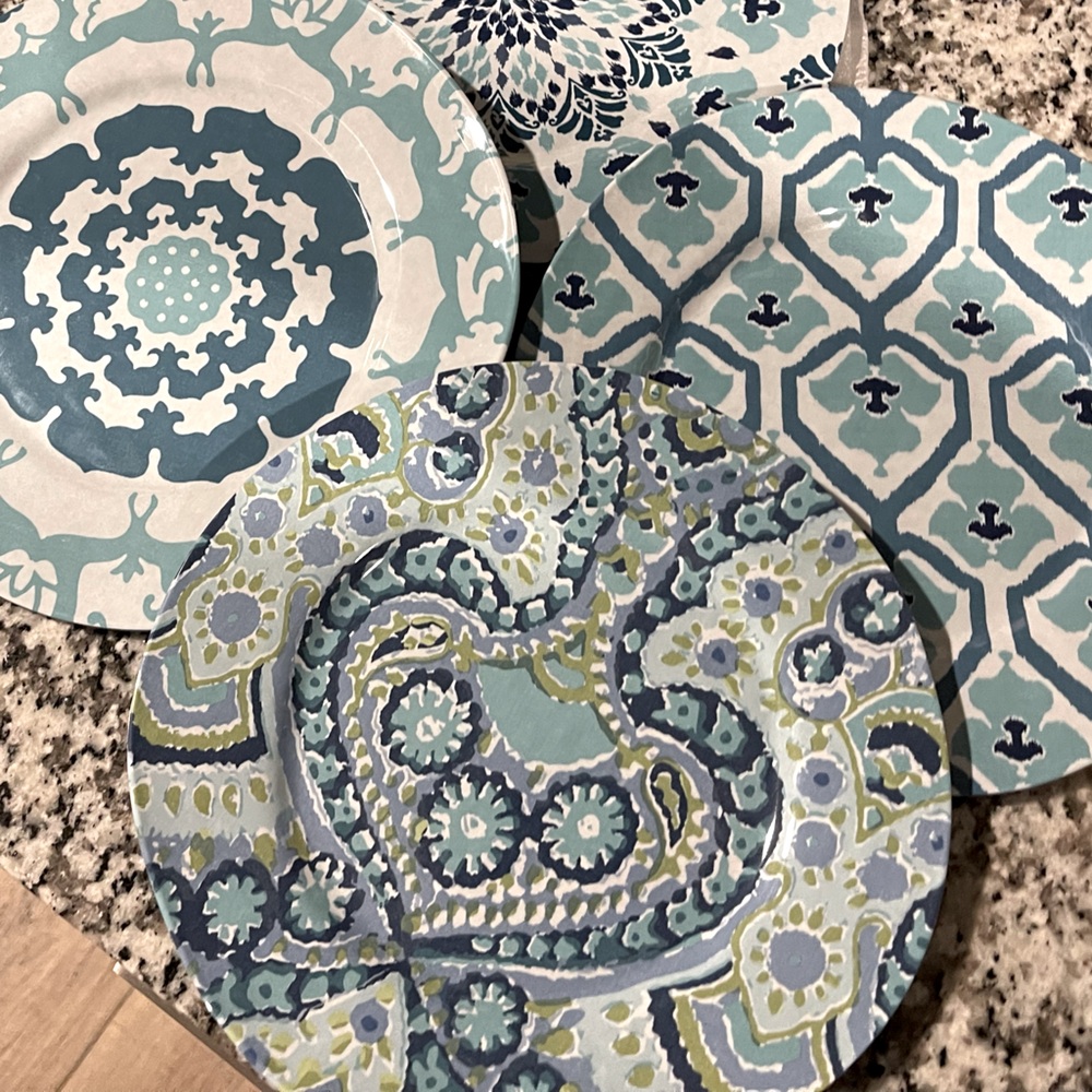 New Pottery Barn ‘Natalie’ Paisley/Geo Tile Melamine Salad Plates- S/4, Blues